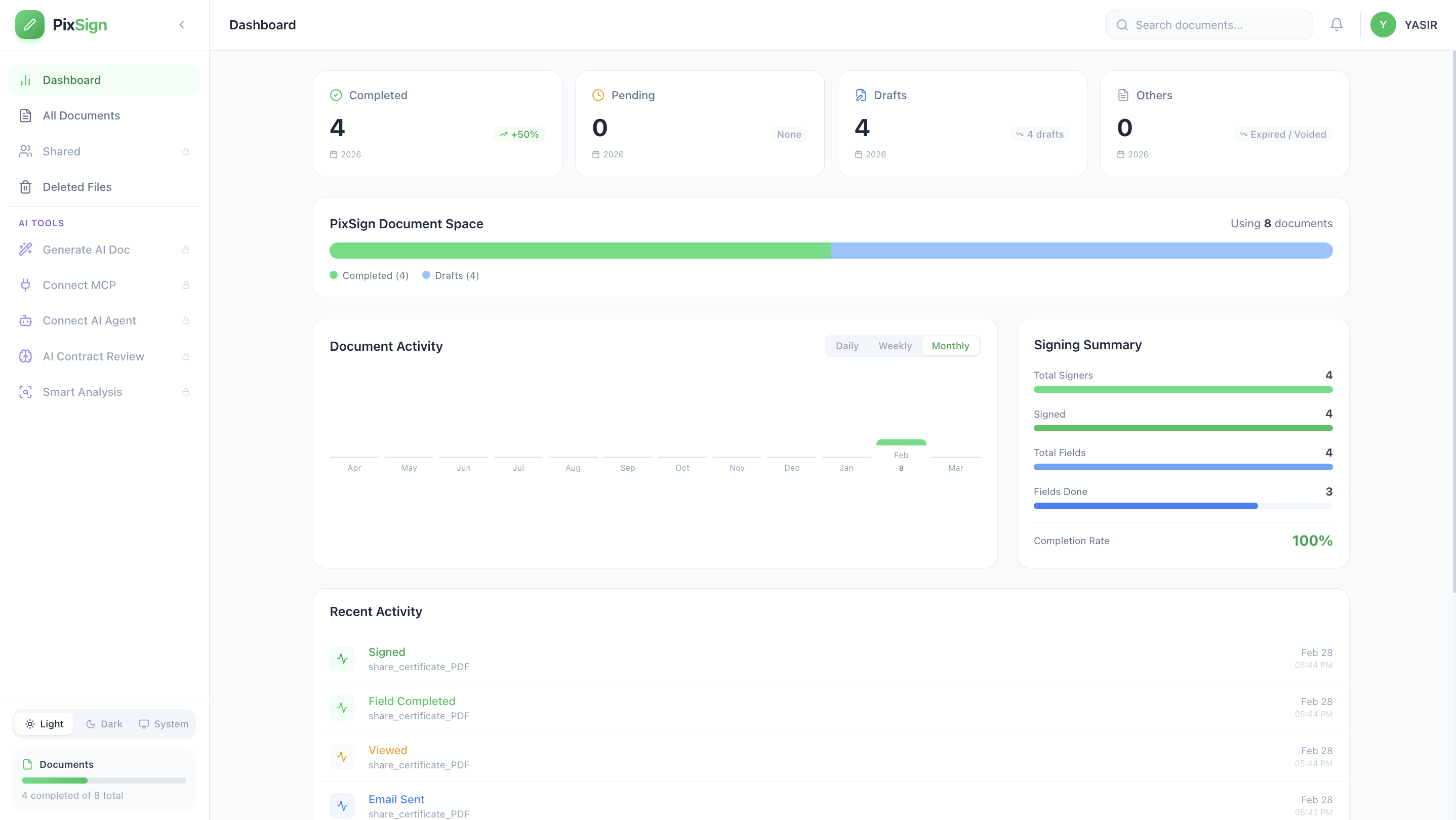 PixSign Dashboard — AI-powered e-signature and invoice payment platform